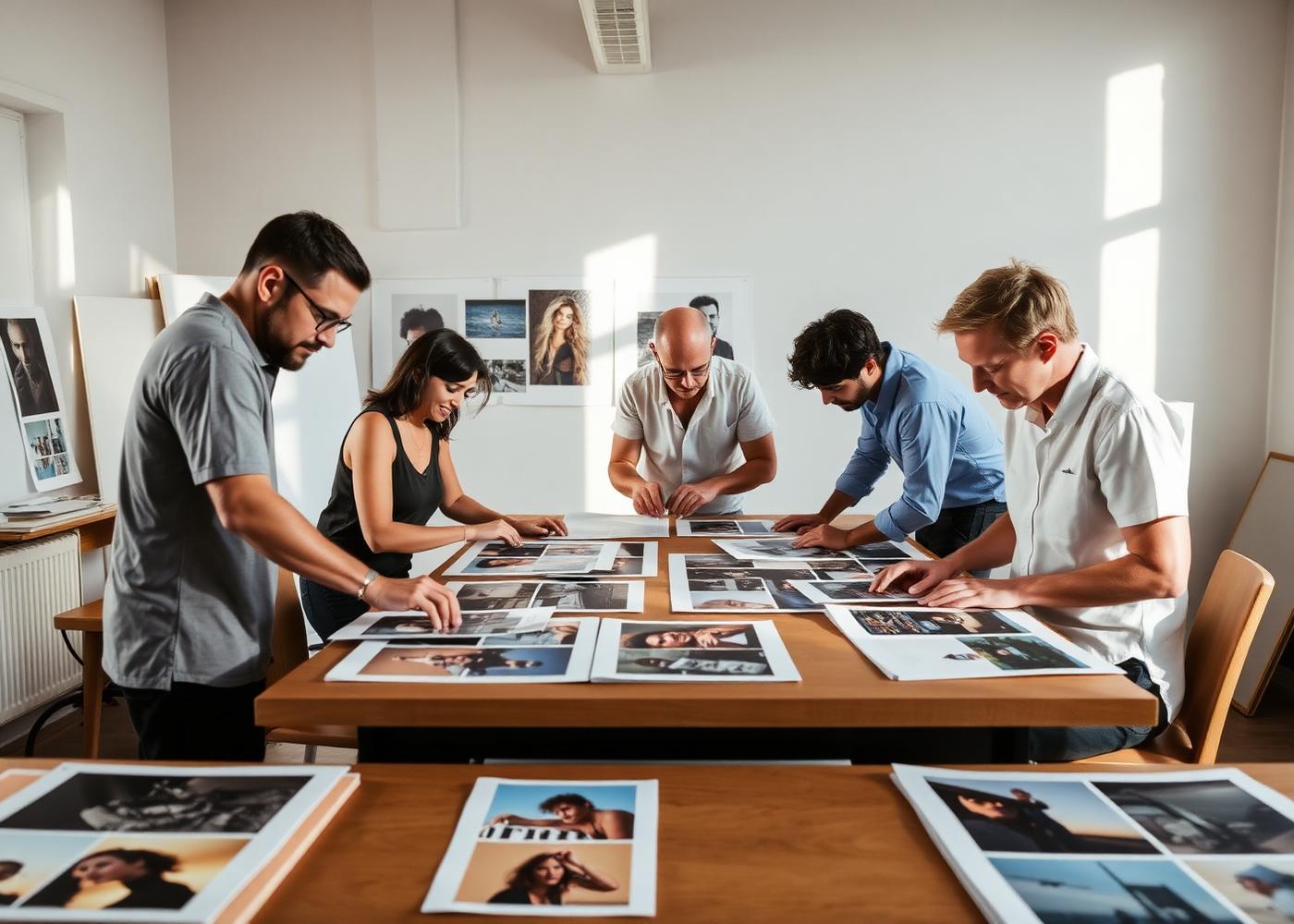 Equipe editorial trabalhando com impressões fotográficas sobre uma mesa